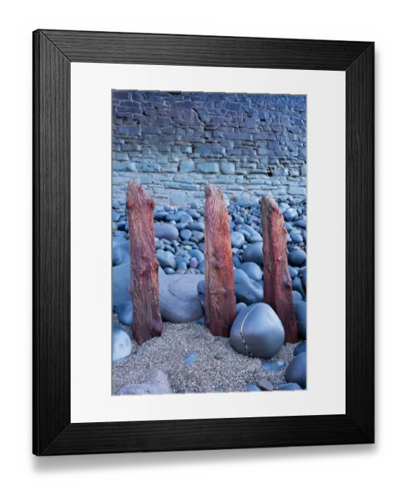 Framed Print : Remains of old sea defences emerge from shingle and pebbles in front of modern sea wall on beach, Westward Ho Framed Print : Remains of old sea defences emerge from shingle and pebbles in front of modern sea wall on beach, Westward Ho