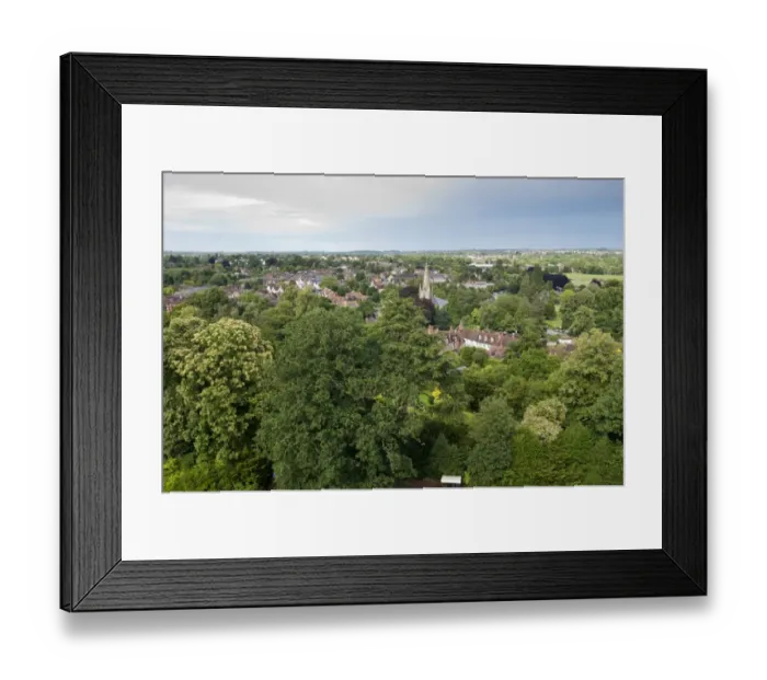 Framed Print : View from castle overlooking trees and town, Warwick Castle, Warwick, Warwickshire, England, August