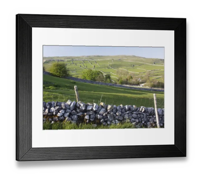 Framed Print : View of drystone walls, village and hillside, Malham, Malhamdale, Yorkshire Dales N. P. North Yorkshire, England, May Framed Print : View of drystone walls, village and hillside, Malham, Malhamdale, Yorkshire Dales N. P. North Yorkshire, England, May