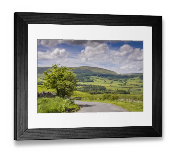 Framed Print : View of road and countryside, Hodder Valley, Hall Hill, Forest of Bowland, Lancashire, England, June Framed Print : View of road and countryside, Hodder Valley, Hall Hill, Forest of Bowland, Lancashire, England, June