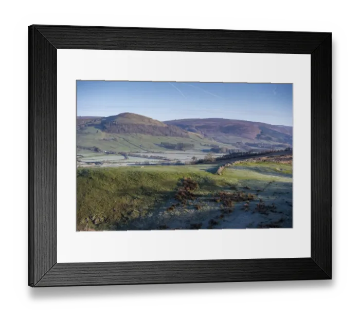 Framed Print : View of valley with frost at dawn, Hodder Valley, Hall Hill, Forest of Bowland, Lancashire, England, May Framed Print : View of valley with frost at dawn, Hodder Valley, Hall Hill, Forest of Bowland, Lancashire, England, May