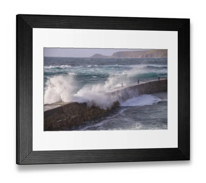 Framed Print : Waves breaking over harbour wall, looking towards Cape Cornwall, Sennen Cove, Sennen, Cornwall, England, May Framed Print : Waves breaking over harbour wall, looking towards Cape Cornwall, Sennen Cove, Sennen, Cornwall, England, May