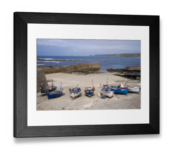 Framed Print : Fishing boats moored at harbour in coastal village, Sennen Cove, Sennen, Cornwall, England, May Framed Print : Fishing boats moored at harbour in coastal village, Sennen Cove, Sennen, Cornwall, England, May