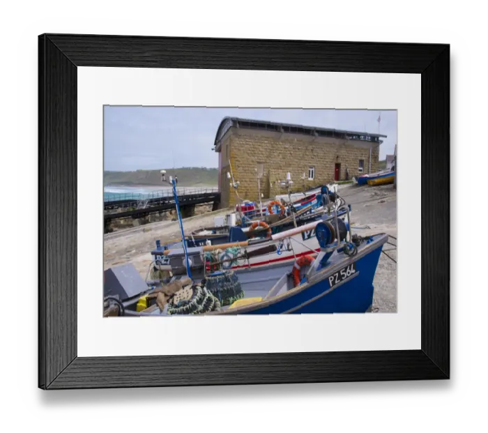 Framed Print : Fishing boats and RNLI lifeboat station, Sennen Cove Lifeboat Station, Sennen Cove, Sennen, Cornwall, England, May Framed Print : Fishing boats and RNLI lifeboat station, Sennen Cove Lifeboat Station, Sennen Cove, Sennen, Cornwall, England, May