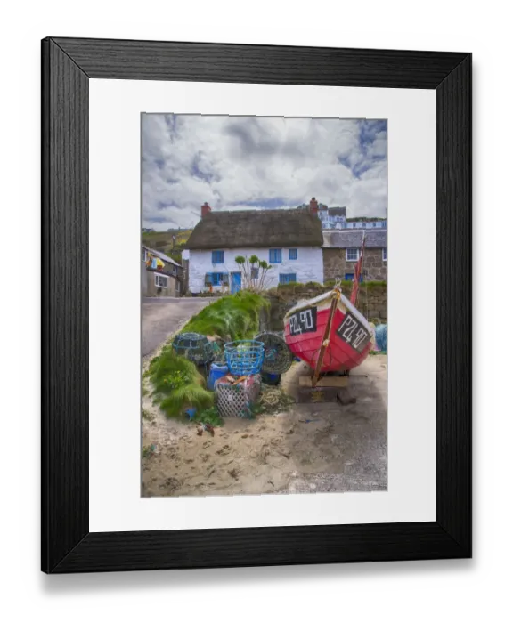 Framed Print : Fishing boat and houses in coastal village, Sennen Cove, Sennen, Cornwall, England, May Framed Print : Fishing boat and houses in coastal village, Sennen Cove, Sennen, Cornwall, England, May