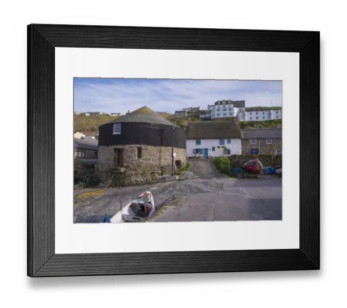 Framed Print : Coastal village with The Roundhouse (old capstan house), Sennen Cove, Sennen, Cornwall, England, May Framed Print : Coastal village with The Roundhouse (old capstan house), Sennen Cove, Sennen, Cornwall, England, May