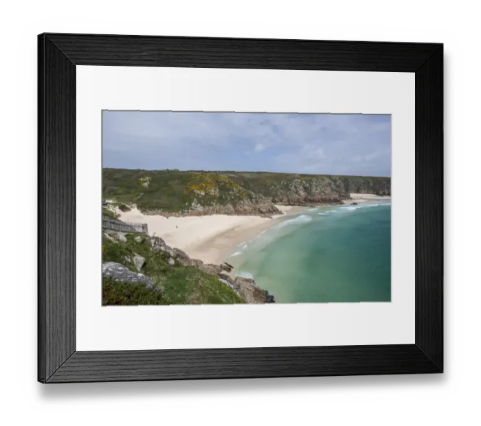 Framed Print : View of sandy beach and coastline, Porthcurno, Cornwall, England, May