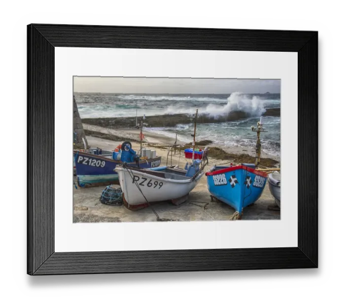 Framed Print : Fishing boats in coastal village, with waves breaking over breakwater, Sennen Cove, Sennen, Cornwall, England, May Framed Print : Fishing boats in coastal village, with waves breaking over breakwater, Sennen Cove, Sennen, Cornwall, England, May