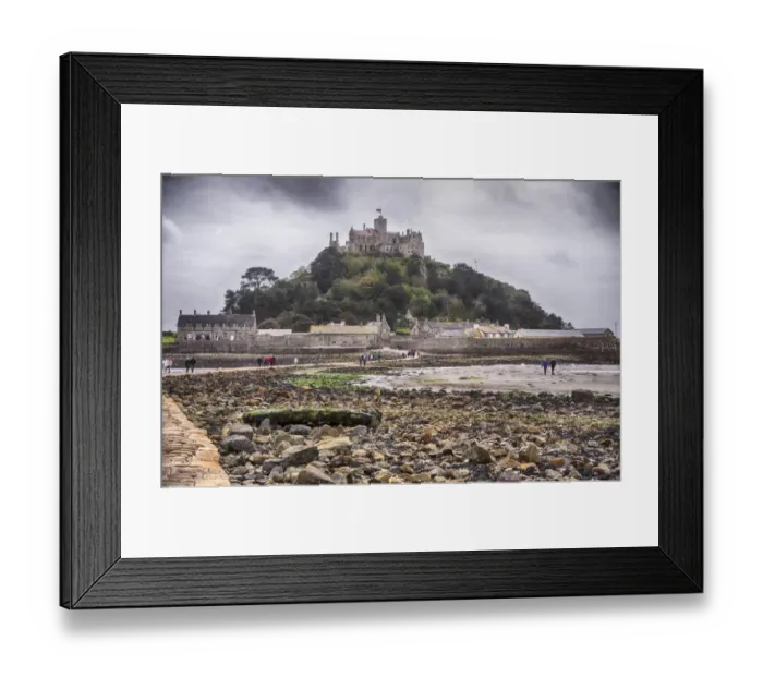 Framed Print : View of manmade causeway and tidal island at low tide, St. Michaels Mount, Mounts Bay, Marazion, Cornwall, England, May