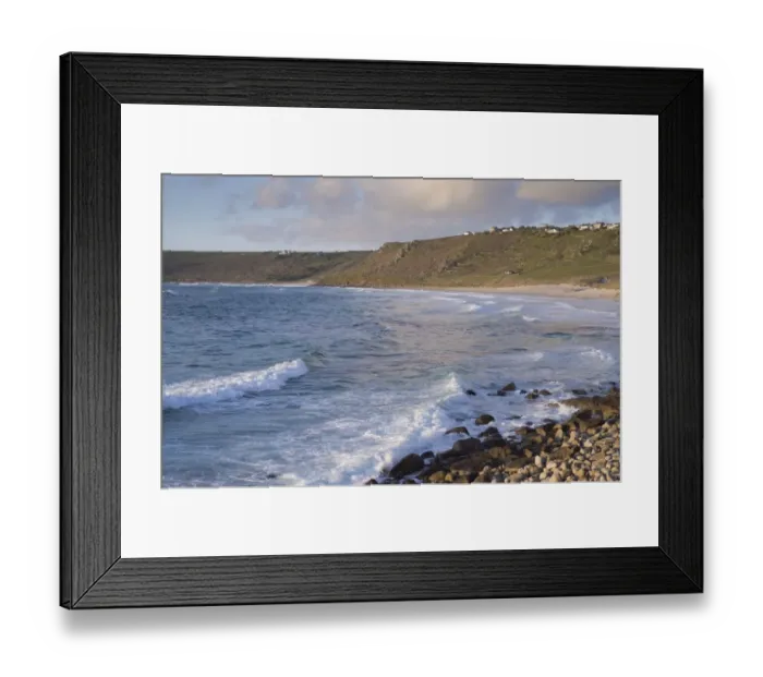 Framed Print : View of waves and coastline in evening sunlight, Sennen Cove, Sennen, Cornwall, England, May Framed Print : View of waves and coastline in evening sunlight, Sennen Cove, Sennen, Cornwall, England, May