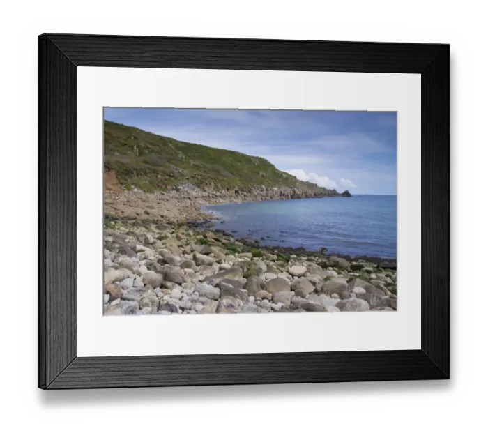 Framed Print : View of pebble beach and coastline, Lamorna Cove, Cornwall, England, May Framed Print : View of pebble beach and coastline, Lamorna Cove, Cornwall, England, May