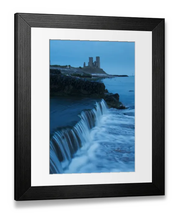 Framed Print : View of outflow and beach at dawn, with 12th Century ruined church in distance, St Framed Print : View of outflow and beach at dawn, with 12th Century ruined church in distance, St