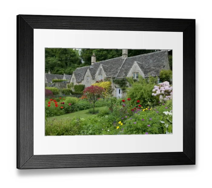 Framed Print : Cottage gardens, Bibury, Cotswolds, Gloucestershire, England, June Framed Print : Cottage gardens, Bibury, Cotswolds, Gloucestershire, England, June