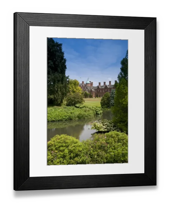 Framed Print : View of pond, landscaped garden and country house, Sandringham House, Sandringham Estate, Norfolk, England, June