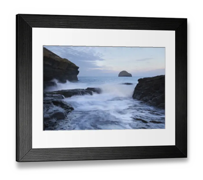 Framed Print : View of waves crashing through manmade gully in coastal rocks at sunrise, with Gull Rock just off headland at Dennis Framed Print : View of waves crashing through manmade gully in coastal rocks at sunrise, with Gull Rock just off headland at Dennis