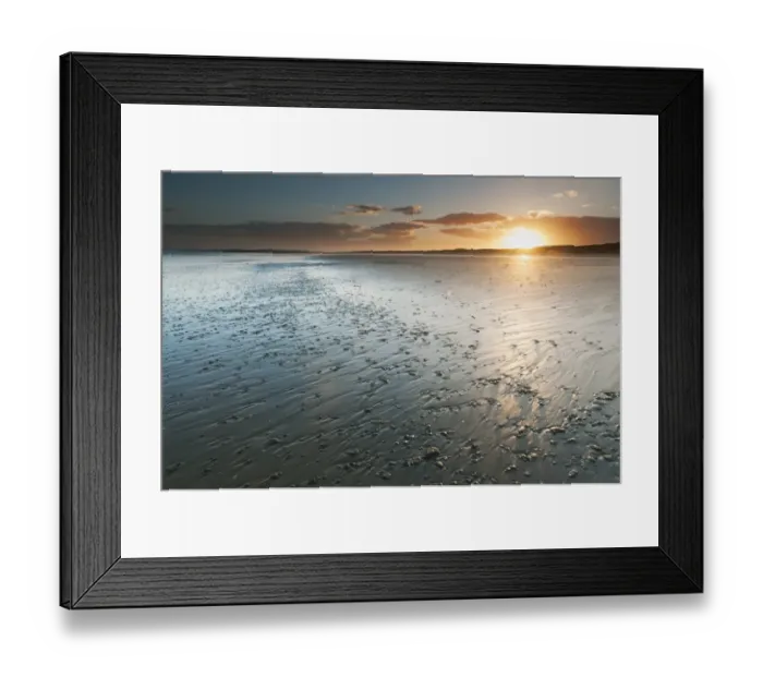 Framed Print : View of sandy beach during low tide at sunset, Camber Sands, East Sussex, England, June Framed Print : View of sandy beach during low tide at sunset, Camber Sands, East Sussex, England, June