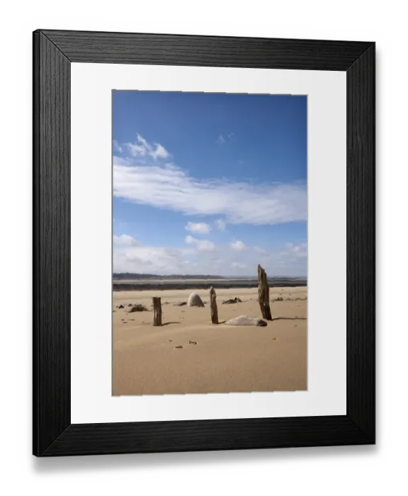 Framed Print : Remains of wooden groynes of tidal defence on beach, looking across River Torridge to Westward Ho Framed Print : Remains of wooden groynes of tidal defence on beach, looking across River Torridge to Westward Ho