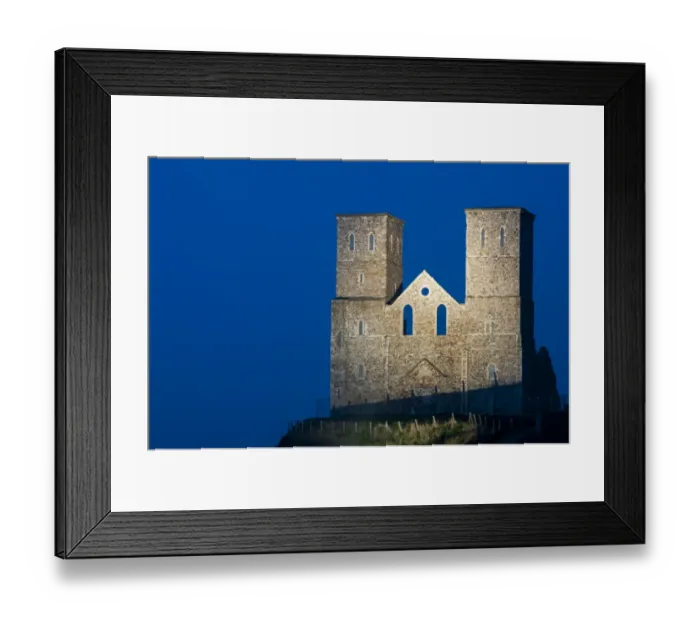 Framed Print : 12th Century ruined church illuminated at twilight, St. Marys Church, Reculver Country Park, Reculver, Kent, England Framed Print : 12th Century ruined church illuminated at twilight, St. Marys Church, Reculver Country Park, Reculver, Kent, England