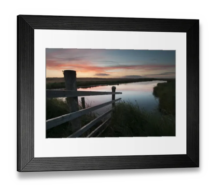 Framed Print : Cattle fence and flooded ditch on coastal grazing marsh habitat at sunrise, Elmley Marshes N. N. R