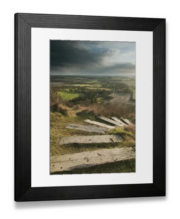 Framed Print : Steps leading from The Devils Kneading Trough at sunset, looking towards Ashford, Wye Downs, North Downs, Kent Framed Print : Steps leading from The Devils Kneading Trough at sunset, looking towards Ashford, Wye Downs, North Downs, Kent
