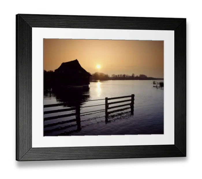 Framed Print : View of floating vistor centre silhouetted at sunset, Ranworth Broad Conservation Centre, Ranworth Broad, River Bure Framed Print : View of floating vistor centre silhouetted at sunset, Ranworth Broad Conservation Centre, Ranworth Broad, River Bure