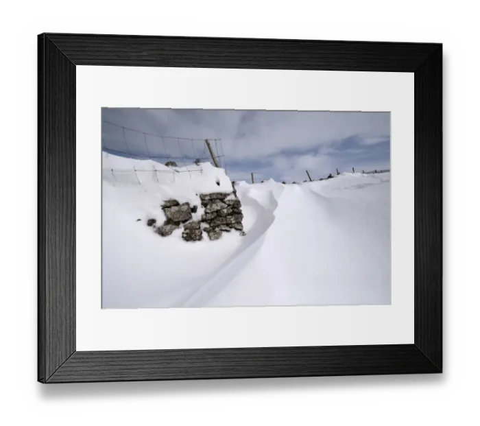 Framed Print : Snowdrift shaped by wind at back of drystone wall after severe snowstorm, Cumbria, England, March Framed Print : Snowdrift shaped by wind at back of drystone wall after severe snowstorm, Cumbria, England, March