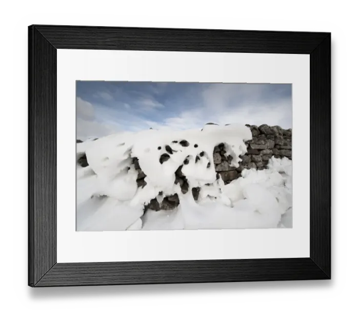 Framed Print : Patterns in snowdrift at back of drystone wall after snowstorm, Cumbria, England, March Framed Print : Patterns in snowdrift at back of drystone wall after snowstorm, Cumbria, England, March
