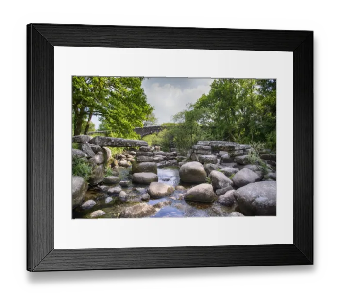 Framed Print : View of river with partially collapsed clapper bridge, Dartmeet Clapper Bridge, River Dart, Dartmoor, Devon, England Framed Print : View of river with partially collapsed clapper bridge, Dartmeet Clapper Bridge, River Dart, Dartmoor, Devon, England