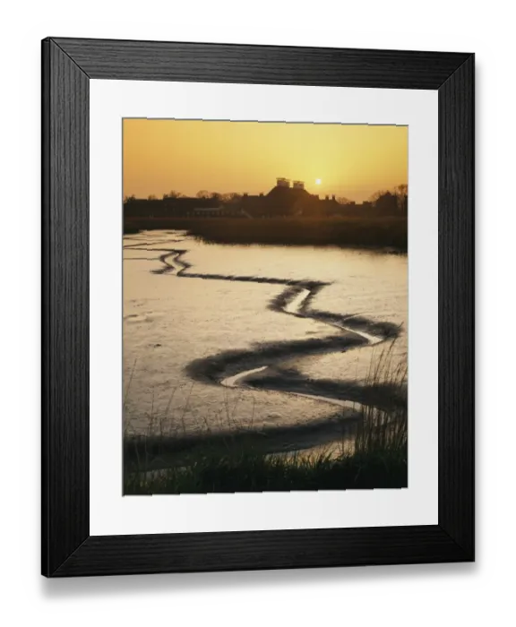 Framed Print : View of tidal river at low tide and arts complex on riverbank at sunset, Snape Maltings, River Alde, Snape, Suffolk Framed Print : View of tidal river at low tide and arts complex on riverbank at sunset, Snape Maltings, River Alde, Snape, Suffolk