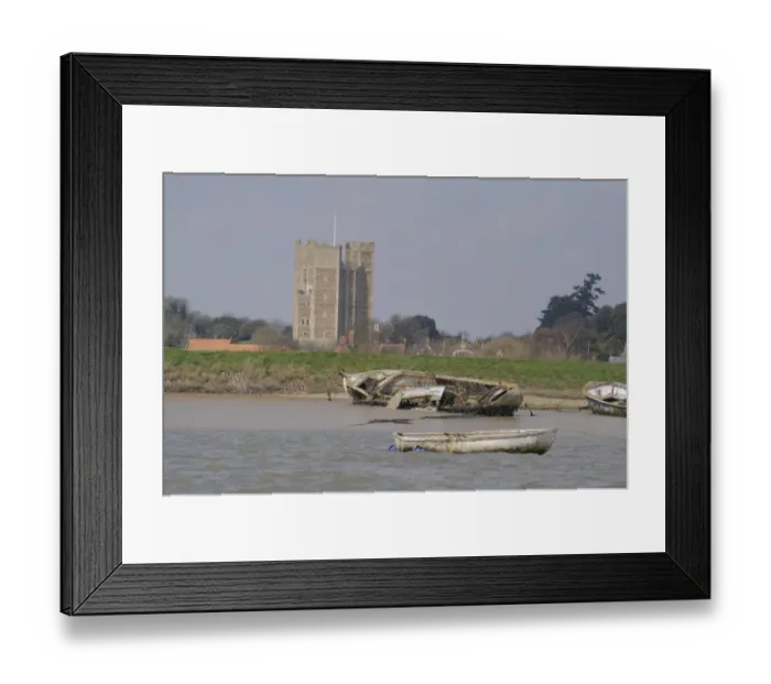 Framed Print : View of boat wrecks on coastal river with Medieval keep in distance, Orford Castle, River Ore, Orford Ness, Orford Framed Print : View of boat wrecks on coastal river with Medieval keep in distance, Orford Castle, River Ore, Orford Ness, Orford