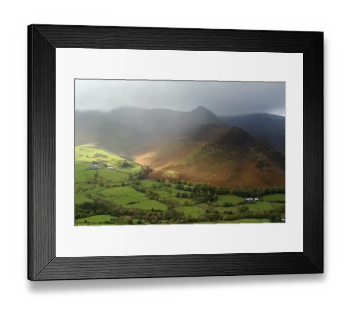 Framed Print : View of valley and fell with rain squall overhead, looking from Catbells, Causey Pike, Newlands Valley Framed Print : View of valley and fell with rain squall overhead, looking from Catbells, Causey Pike, Newlands Valley