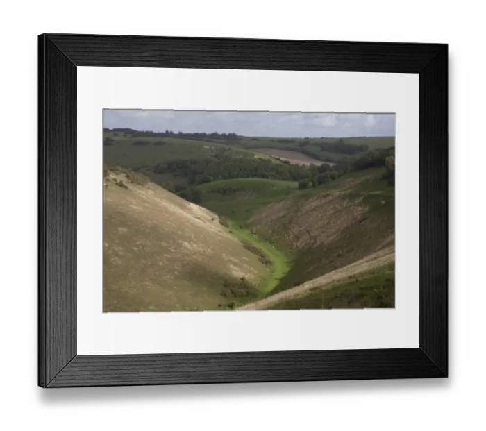 Framed Print : View of V-shaped dry valley habitat, Devils Dyke, South Downs, West Sussex, England, October