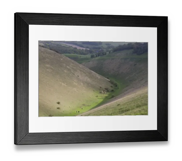 Framed Print : View of V-shaped dry valley habitat with walkers, Devils Dyke, South Downs, West Sussex, England, October Framed Print : View of V-shaped dry valley habitat with walkers, Devils Dyke, South Downs, West Sussex, England, October