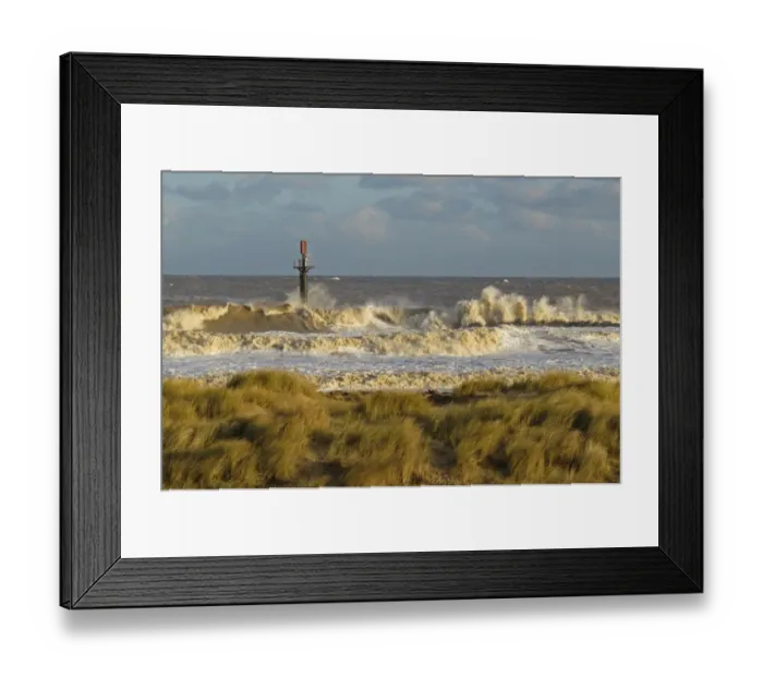 Framed Print : Waves breaking on sea defences during North Sea tidal surge, Norfolk, England, December 2013