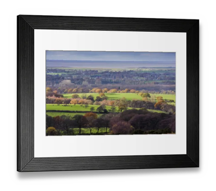 Framed Print : View of farmland on coastal plain, looking towards Morecambe Bay from Harrisend Fell, The Fylde, Lancashire, England Framed Print : View of farmland on coastal plain, looking towards Morecambe Bay from Harrisend Fell, The Fylde, Lancashire, England