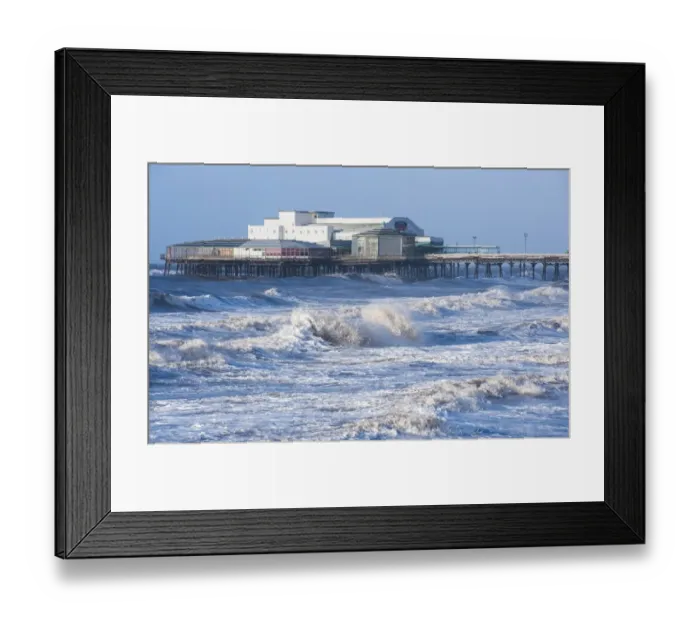Framed Print : Stormy sea and Victorian pier in seaside resort town, North Pier, Blackpool, Lancashire, England, January