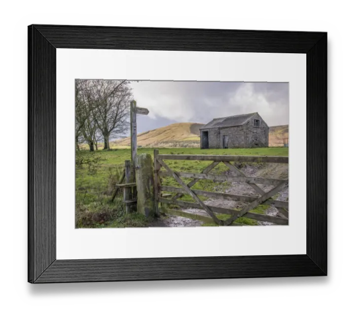 Framed Print : Wooden public footpath sign and stile beside gate, with stone out-barn in field, Chipping, Lancashire, England Framed Print : Wooden public footpath sign and stile beside gate, with stone out-barn in field, Chipping, Lancashire, England