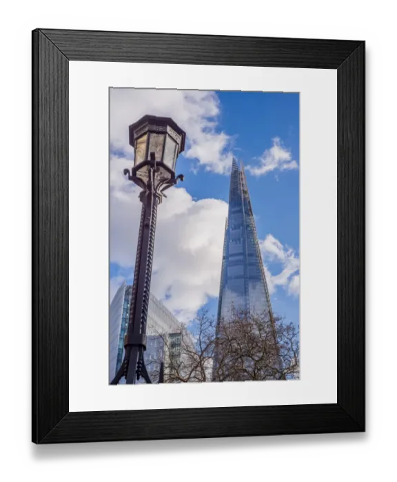 Framed Print : Streetlamp and 87-storey skyscraper, The Shard, Southwark, London, England, January Framed Print : Streetlamp and 87-storey skyscraper, The Shard, Southwark, London, England, January