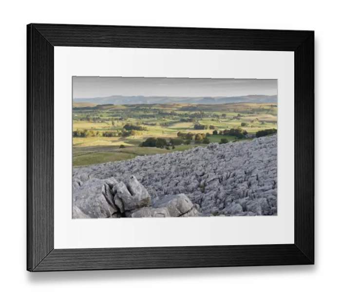 Framed Print : View of limestone pavement at sunrise, Fell End Clouds, looking towards Eden Valley, Cumbria, England, November Framed Print : View of limestone pavement at sunrise, Fell End Clouds, looking towards Eden Valley, Cumbria, England, November