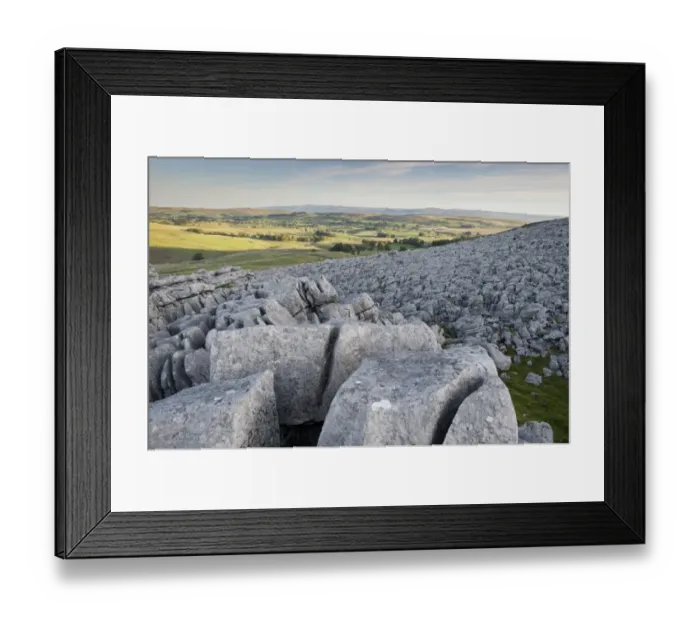 Framed Print : View of limestone pavement at sunrise, Fell End Clouds, looking towards Eden Valley, Cumbria, England, November Framed Print : View of limestone pavement at sunrise, Fell End Clouds, looking towards Eden Valley, Cumbria, England, November