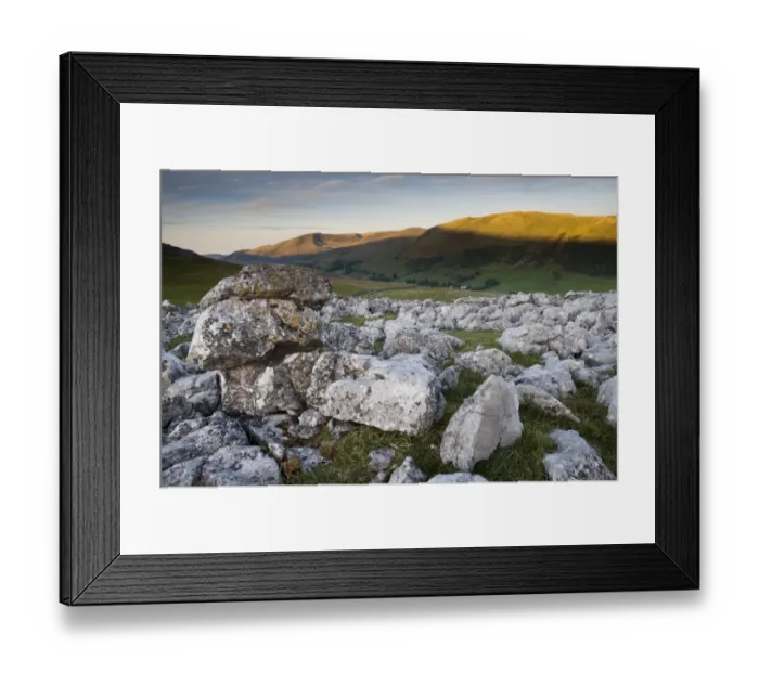 Framed Print : View of limestone pavement at sunrise, Fell End Clouds, looking towards Howgill Fells, Cumbria, England, November Framed Print : View of limestone pavement at sunrise, Fell End Clouds, looking towards Howgill Fells, Cumbria, England, November