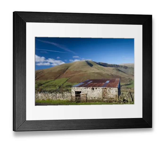 Framed Print : View of stone barn and farmland in fell valley, looking from Bluecaster, Cautley Crag, Sedbergh, Howgill Fells