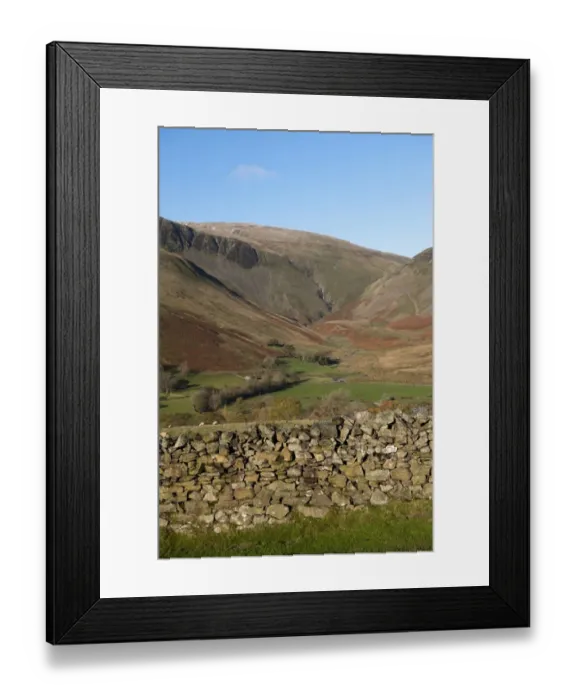 Framed Print : View of drystone wall and farmland in fell valley, with waterfall in distance Framed Print : View of drystone wall and farmland in fell valley, with waterfall in distance