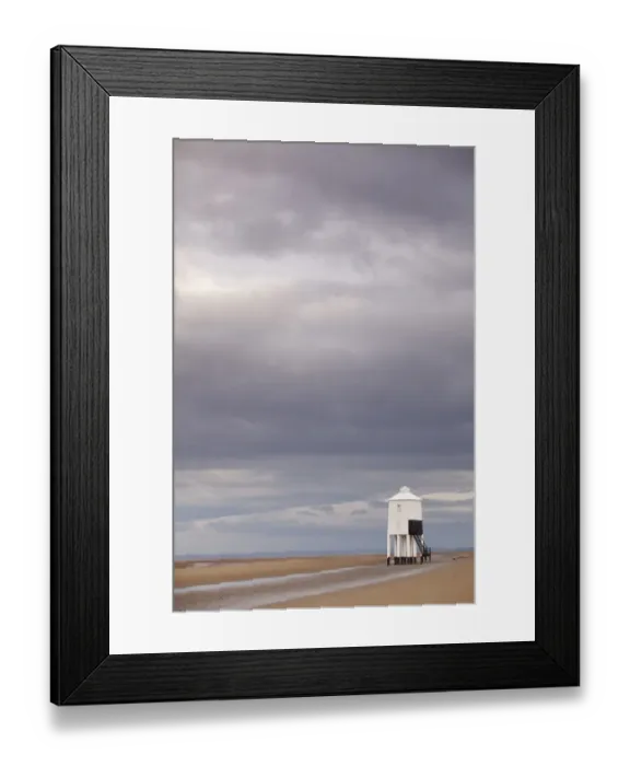 Framed Print : Rainclouds and low wooden pile lighthouse on beach at low tide, Low Lightouse (Lighthouse on Legs), Burnham-on-sea