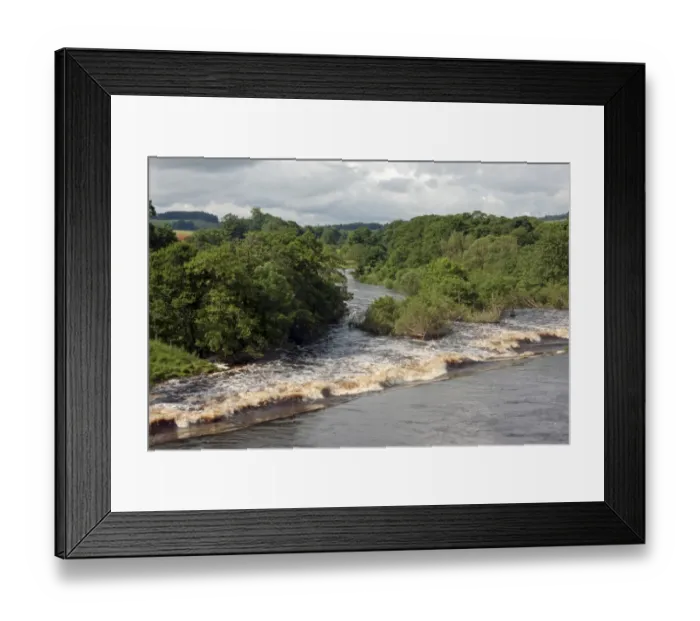 Framed Print : View of river and weir, River North Tyne, Chollerford, Northumberland, England, July Framed Print : View of river and weir, River North Tyne, Chollerford, Northumberland, England, July