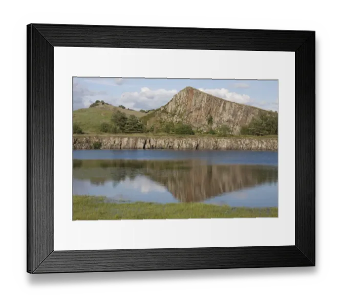 Framed Print : View of flooded former whinstone quarry with exposed rockface, Cawfields Quarry, Hadrians Wall, Northumberland N. P