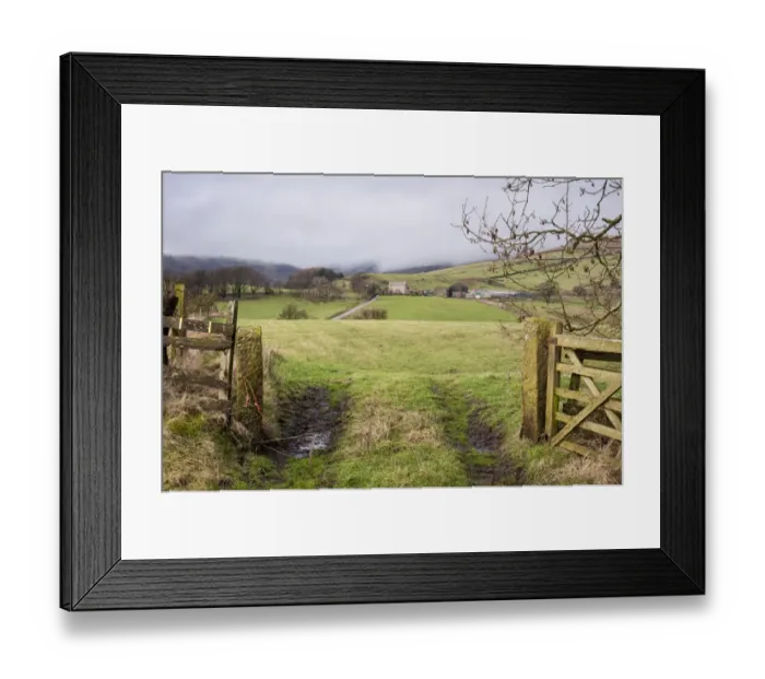 Framed Print : Gateway leading to grass field on hill farm, Chipping, Lancashire, England, January