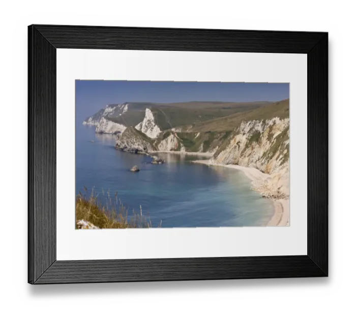 Framed Print : View of coastline with chalk cliffs, St. Oswalds Bay (Man o War Bay), near Lulworth, Dorset, England, July Framed Print : View of coastline with chalk cliffs, St. Oswalds Bay (Man o War Bay), near Lulworth, Dorset, England, July