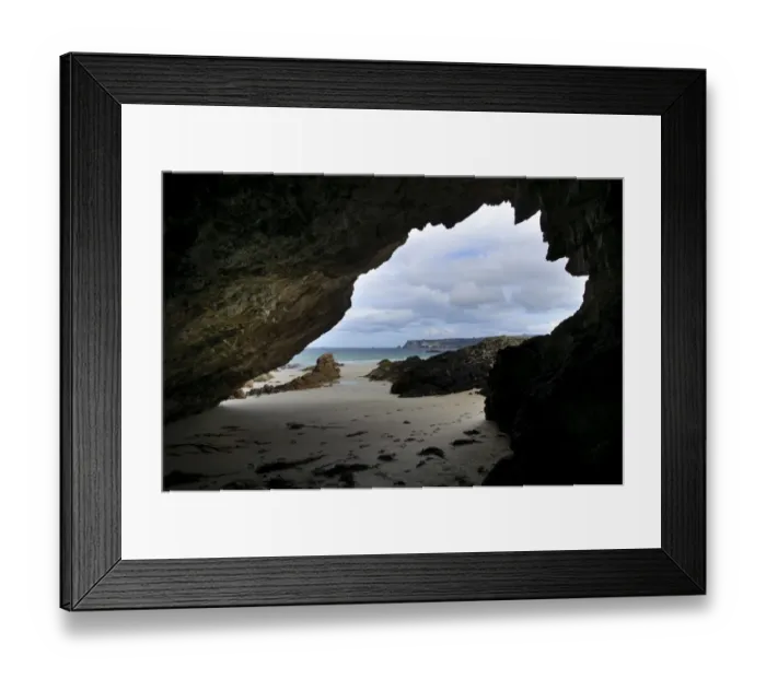 Framed Print : View of beach from inside rocky cave mouth, Traigh Allt Chailgeag, Ceannabeinne, Sutherland, Highlands, Scotland Framed Print : View of beach from inside rocky cave mouth, Traigh Allt Chailgeag, Ceannabeinne, Sutherland, Highlands, Scotland