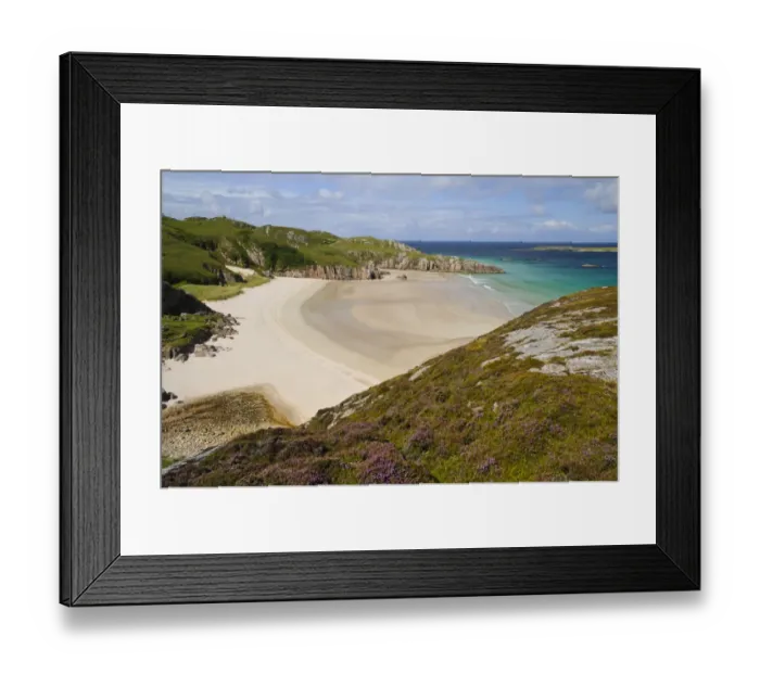Framed Print : View of turquoise sea lapping sandy beach, with island of Eilean Hoan in background, Traigh Allt Chailgeag Framed Print : View of turquoise sea lapping sandy beach, with island of Eilean Hoan in background, Traigh Allt Chailgeag